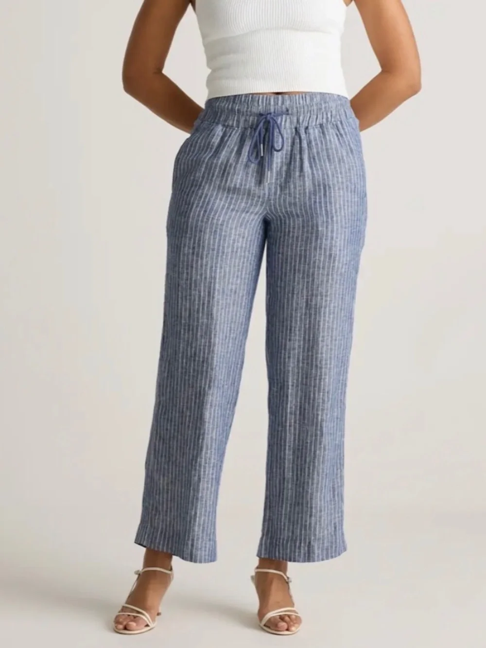 100% European Linen Wide Leg Pants, Chambray Stripe